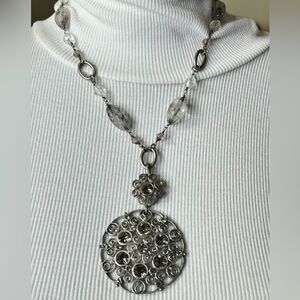Lia Sophia Silver tone necklace clip on medallion with crystals glass beads 24"